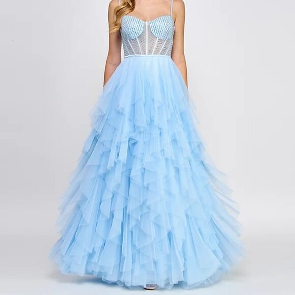 Say Yes Juniors' Rhinestone-Embellished Bustier Ball Gown Powder Blue Size 3/4 - Picture 5 of 5
